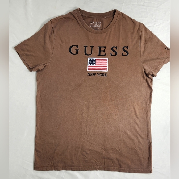 GUESS American Flag Patch T-Shirt — Brown Graphic Tee — Men’s M — 100% Cotton - Picture 1 of 4